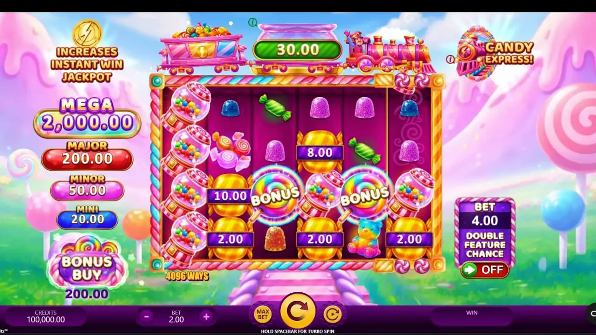 Tampilan visual ceria dari slot Candy Express Gold Blitz dengan tema kereta permen.
