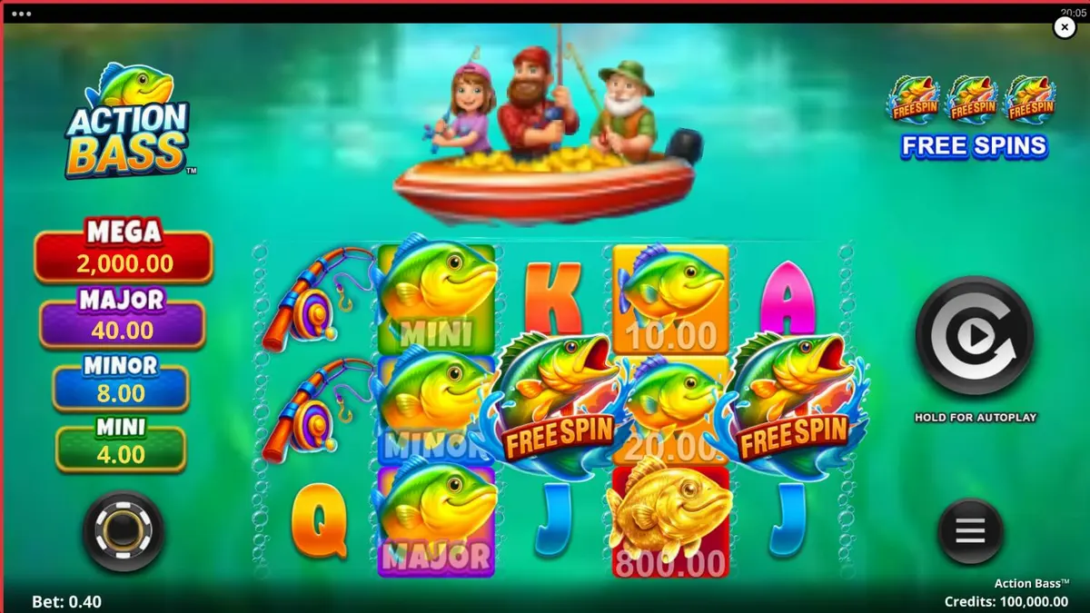 Pemandangan tepi danau yang tenang dengan elemen bertema memancing dalam slot Action Bass